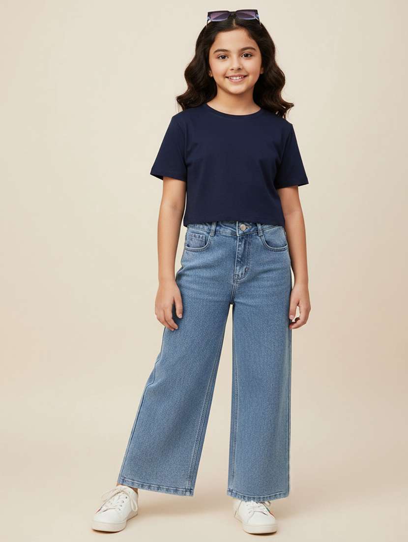 girls solid mid rise wide leg jeans