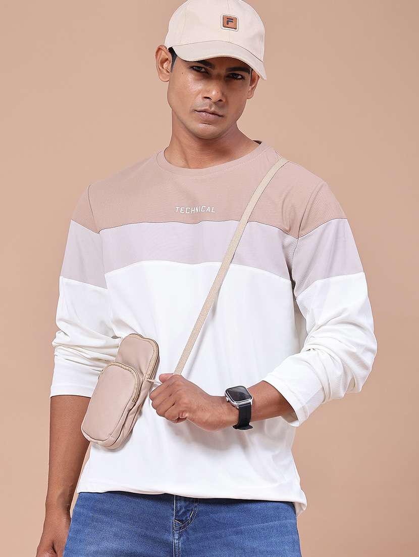 men colourblocked long sleeves regular fit t-shirt