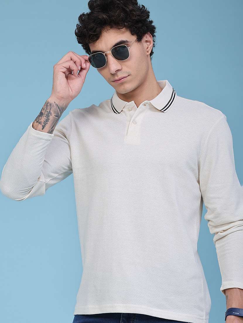 men textured long sleeve regular fit polo t-shirt