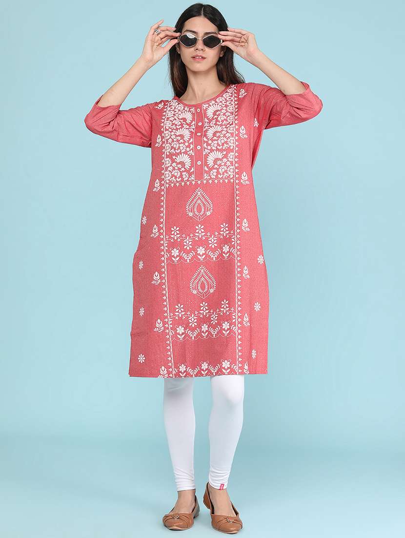 women printed three quarter sleeves straight kurta