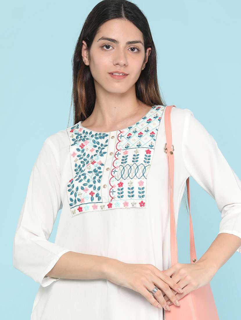 women embroidered three quarter sleeves straight kurta