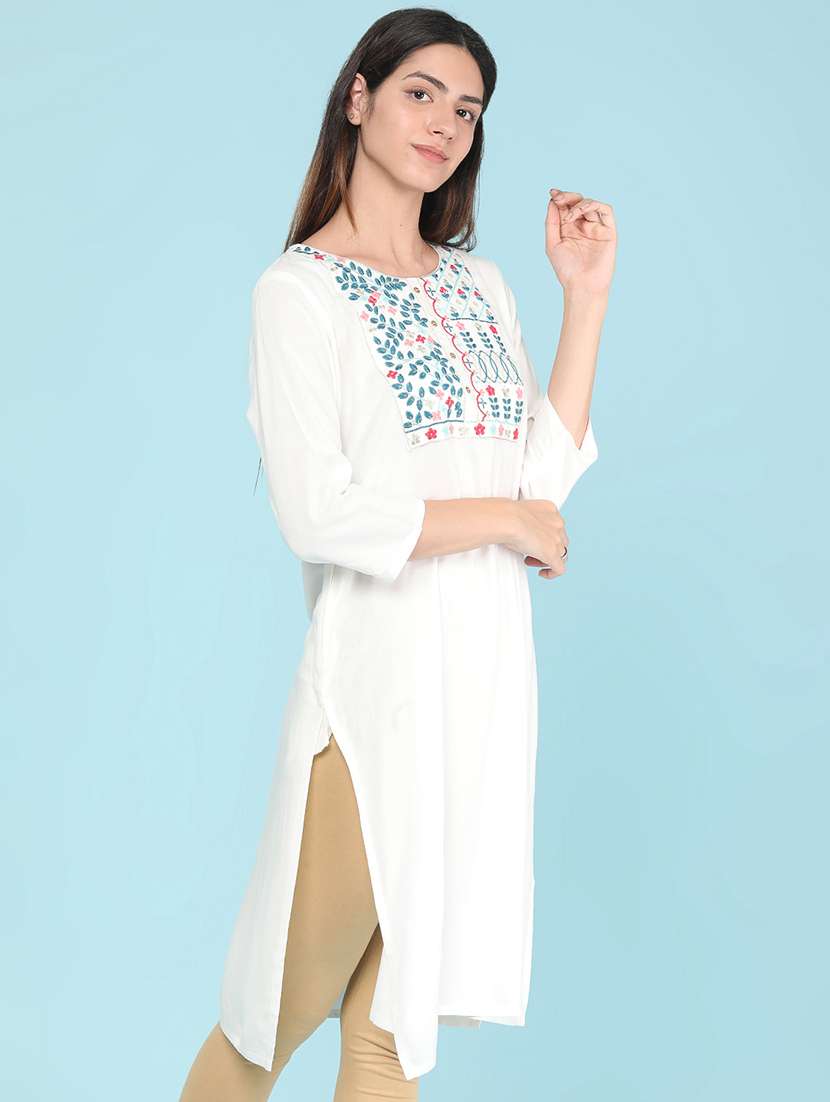 women embroidered three quarter sleeves straight kurta - 22457826 -  Standard Image - 3