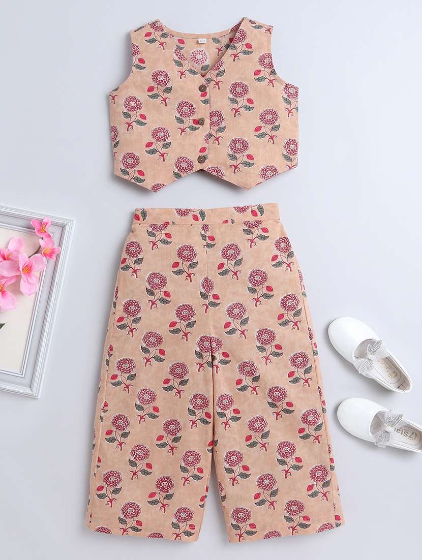 girls floral peach cotton top & palazzo set co-ord set