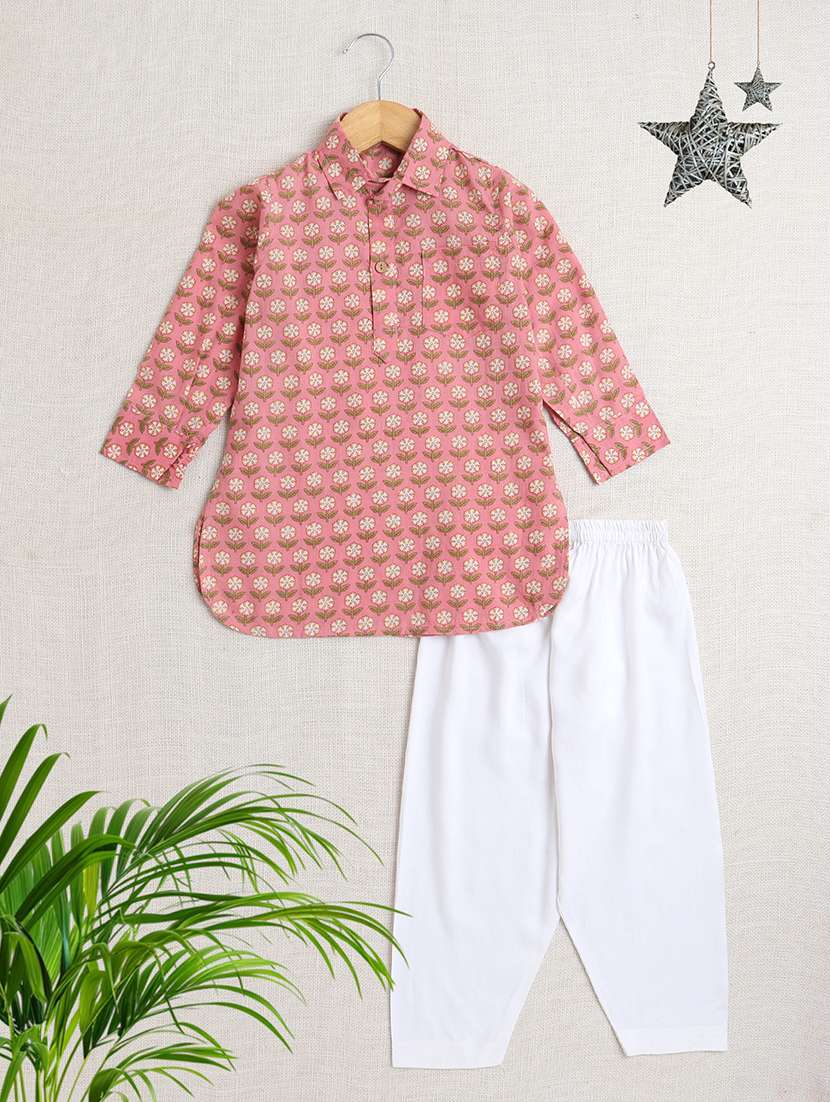 girls floral peach cotton top & trouser co-ord set