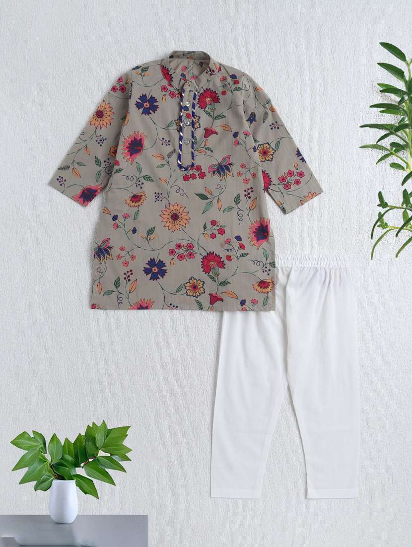 boys grey cotton kurta sets kurtas & kurta set
