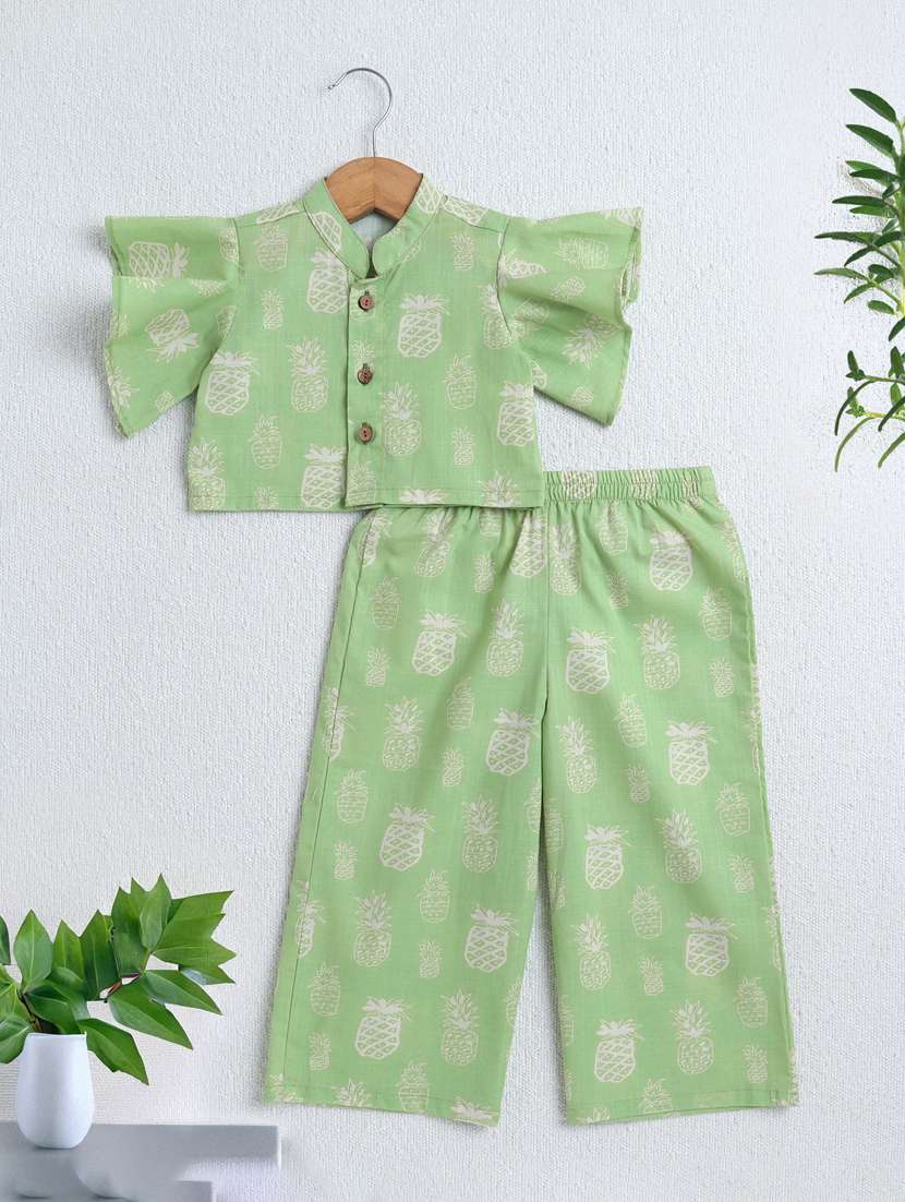girls printed green cotton kurta sets co-ord set
