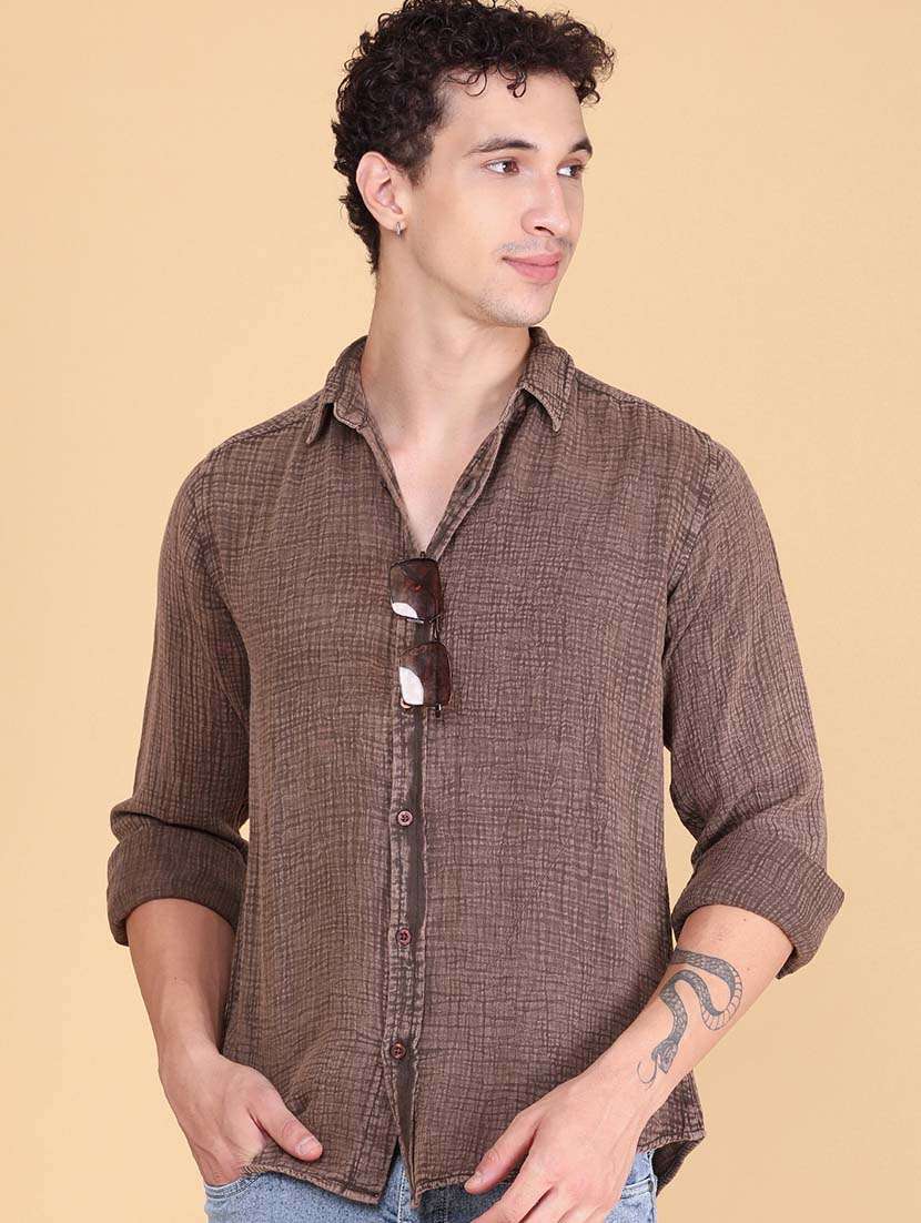 men textured long sleeve regular fit casual shirt