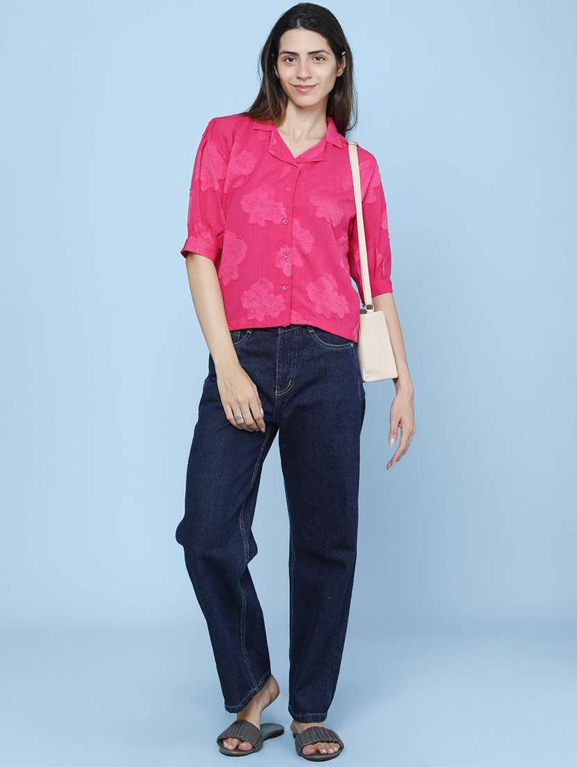 Women Self Design Short Sleeves Shirt Style Top - 22458462 -  Standard Image - 5