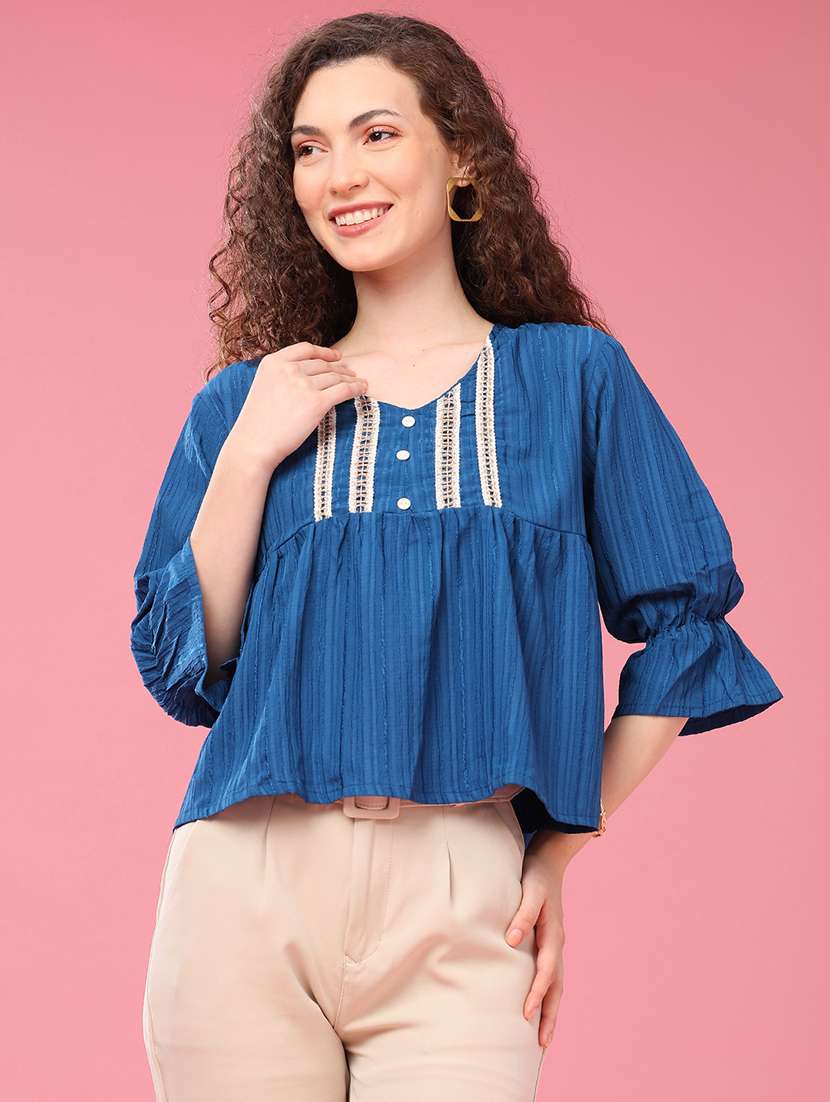 Women Self Design Three Quarter Sleeves A-line Top - 22458483 -  Standard Image - 3