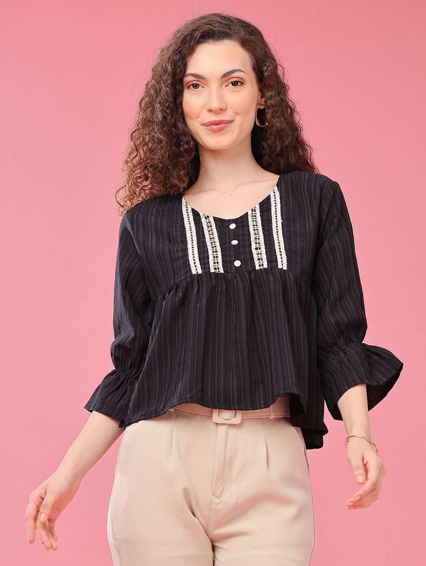 Women Self Design Three Quarter Sleeves A-line Top - 22458484 -  Standard Image - 3