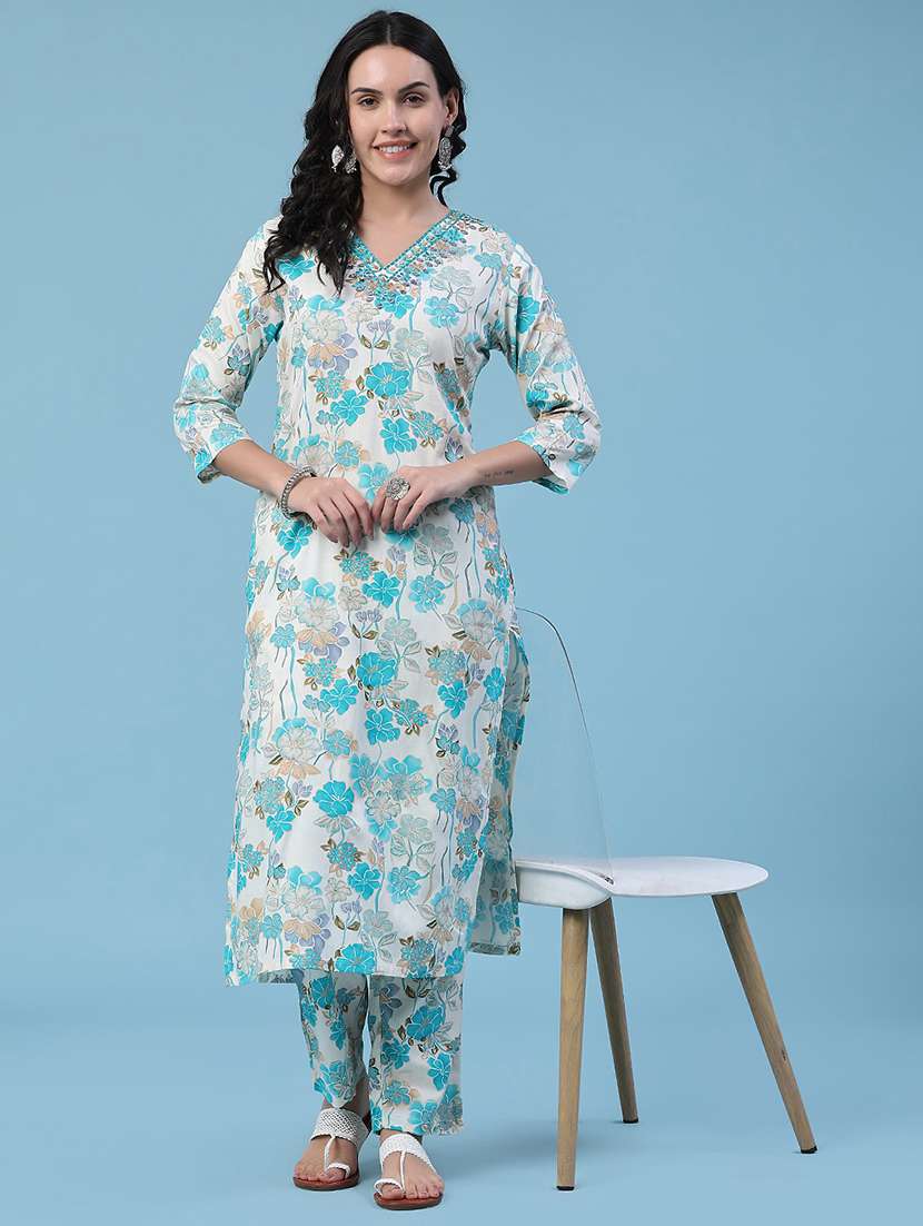 women printed three quarter sleeves ethnic co-ord set