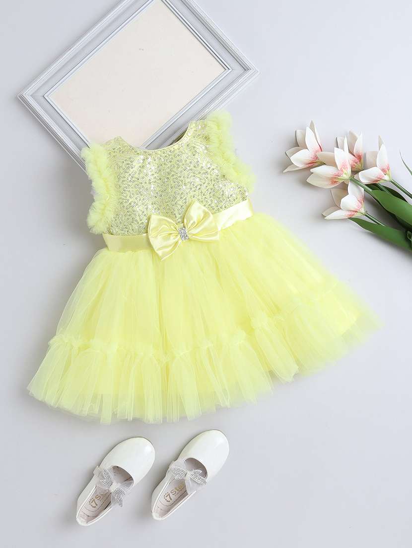 girls solid yellow polyester kurta frock