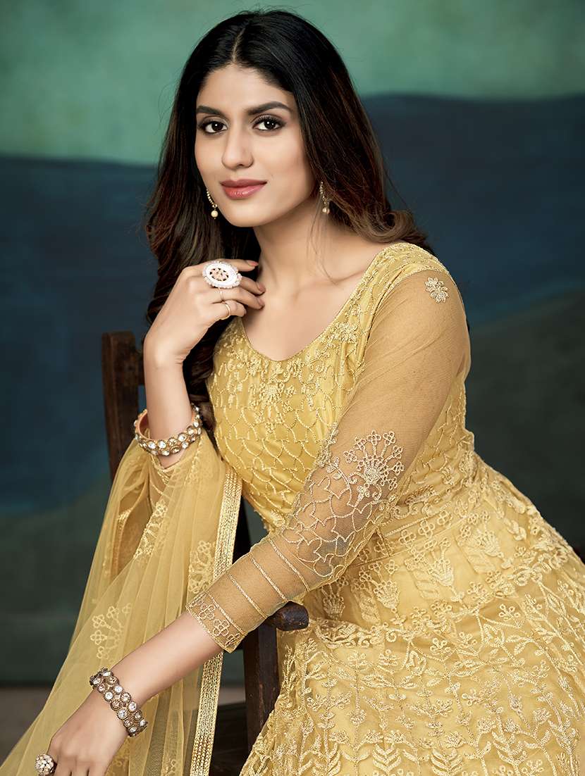 Women Solid With Work Semi Stitched Suit Set - 22459942 -  Standard Image - 3