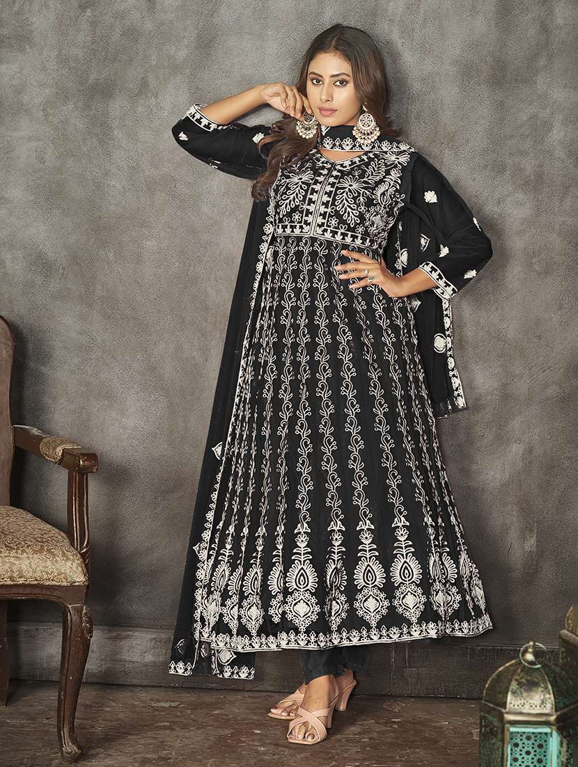 women solid with work semi stitched suit set
