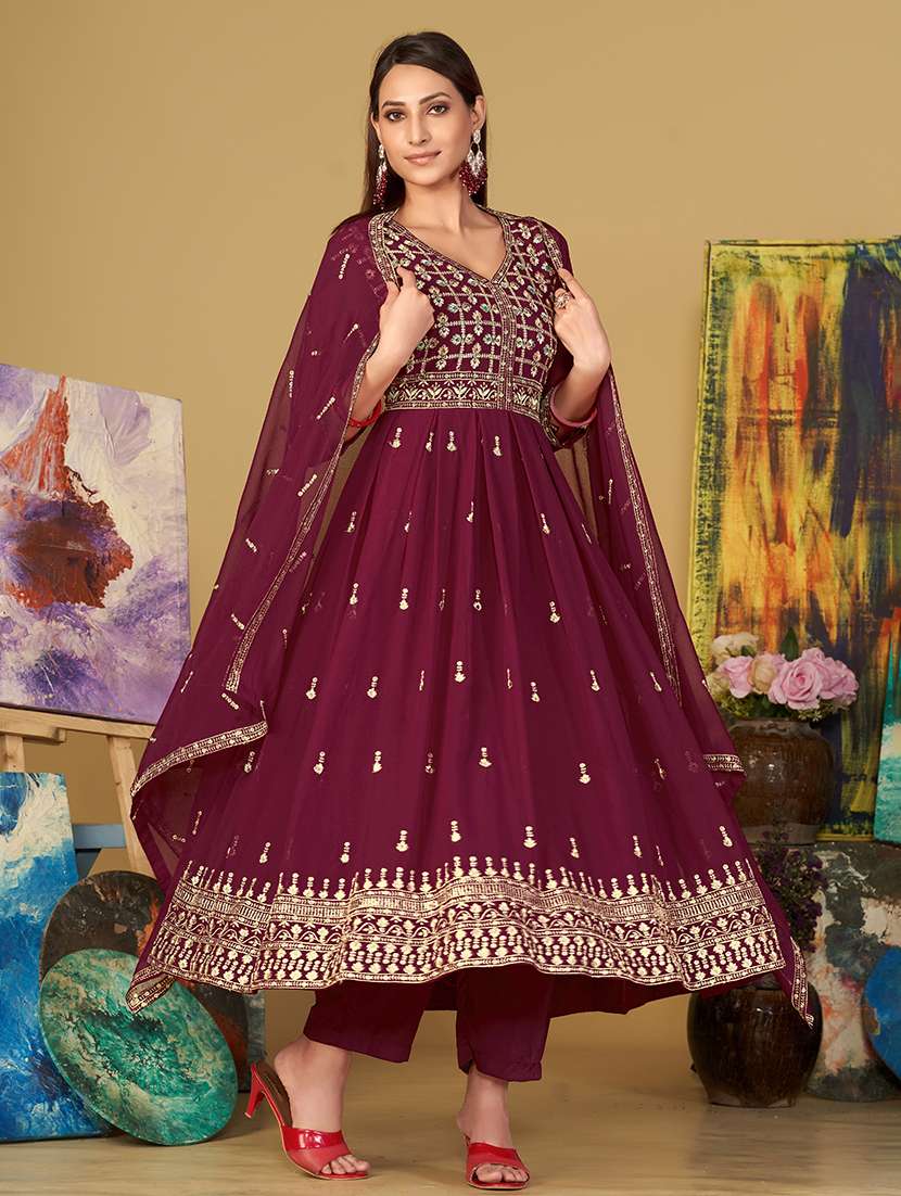 Women Solid With Work Unstitched Suit - 22459981 -  Standard Image - 3