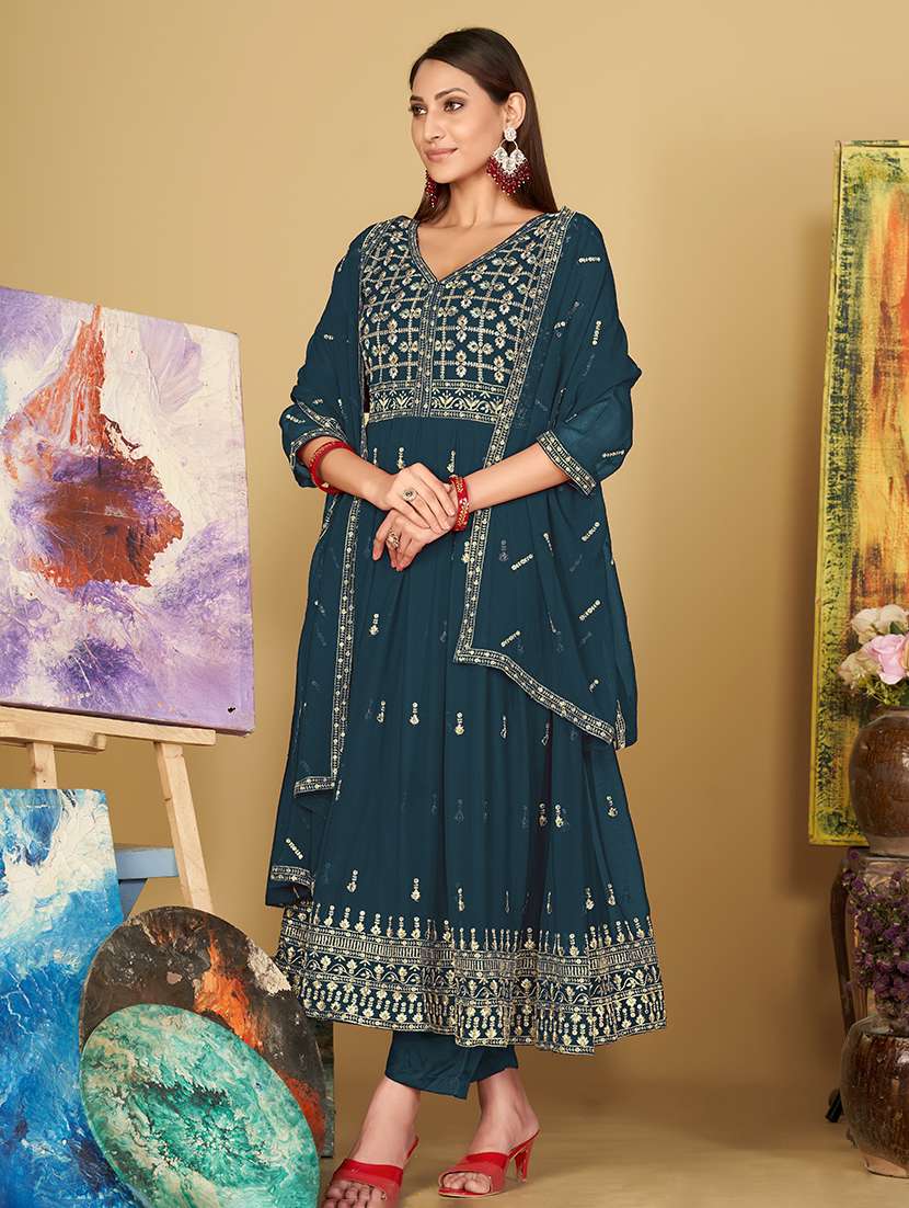 Women Solid With Work Unstitched Suit - 22459983 -  Standard Image - 3