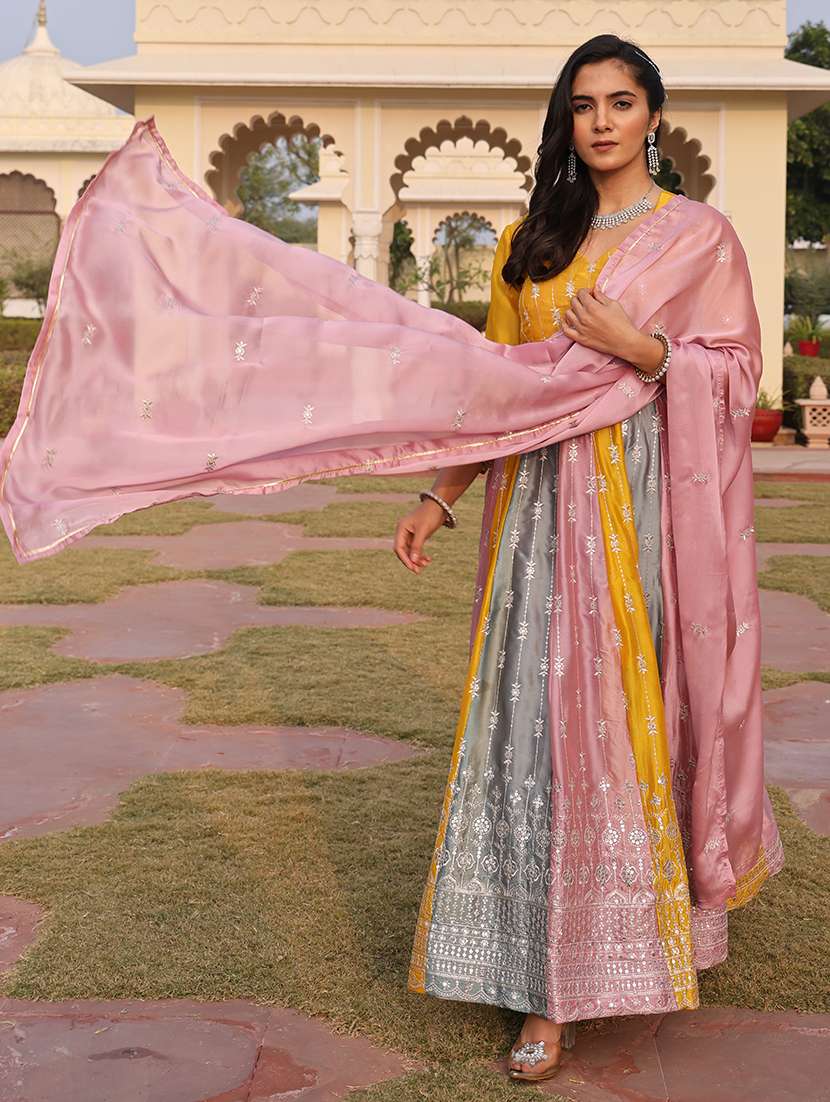 Women Solid With Work Unstitched Suit - 22459993 -  Standard Image - 3