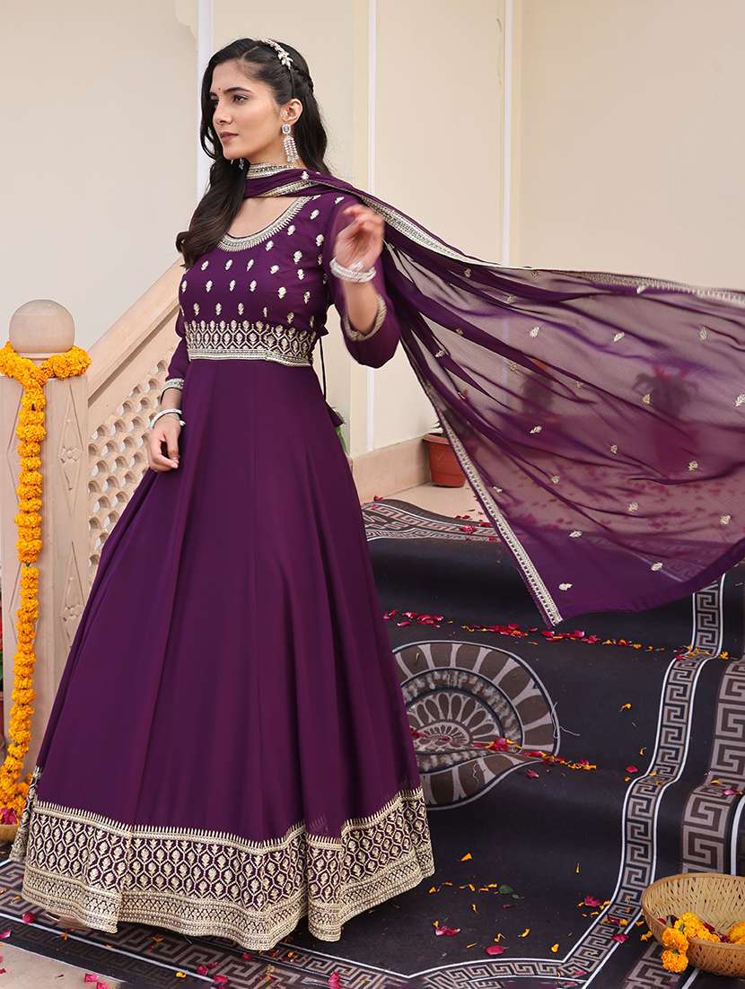 Women Solid With Work Unstitched Suit - 22459995 -  Standard Image - 3