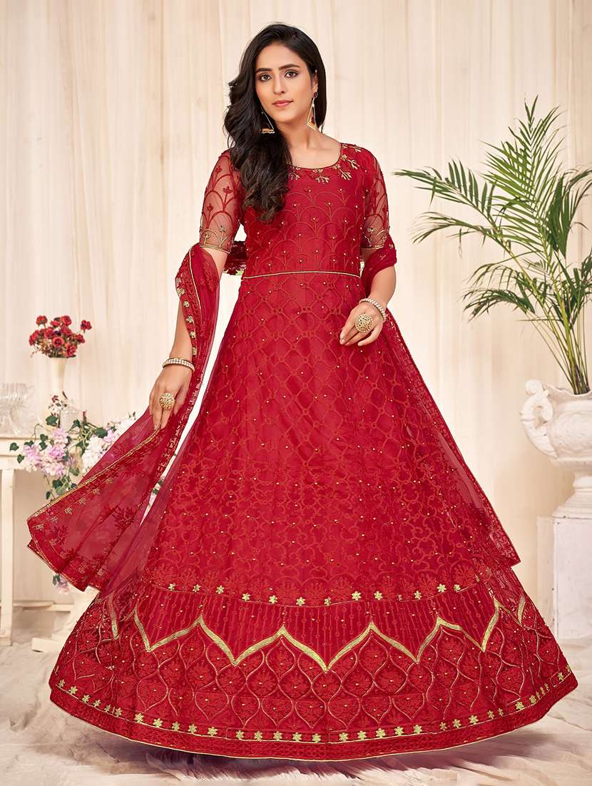 women self design red kurta pant set