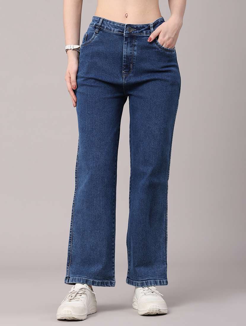 women solid mid rise straight fit jeans