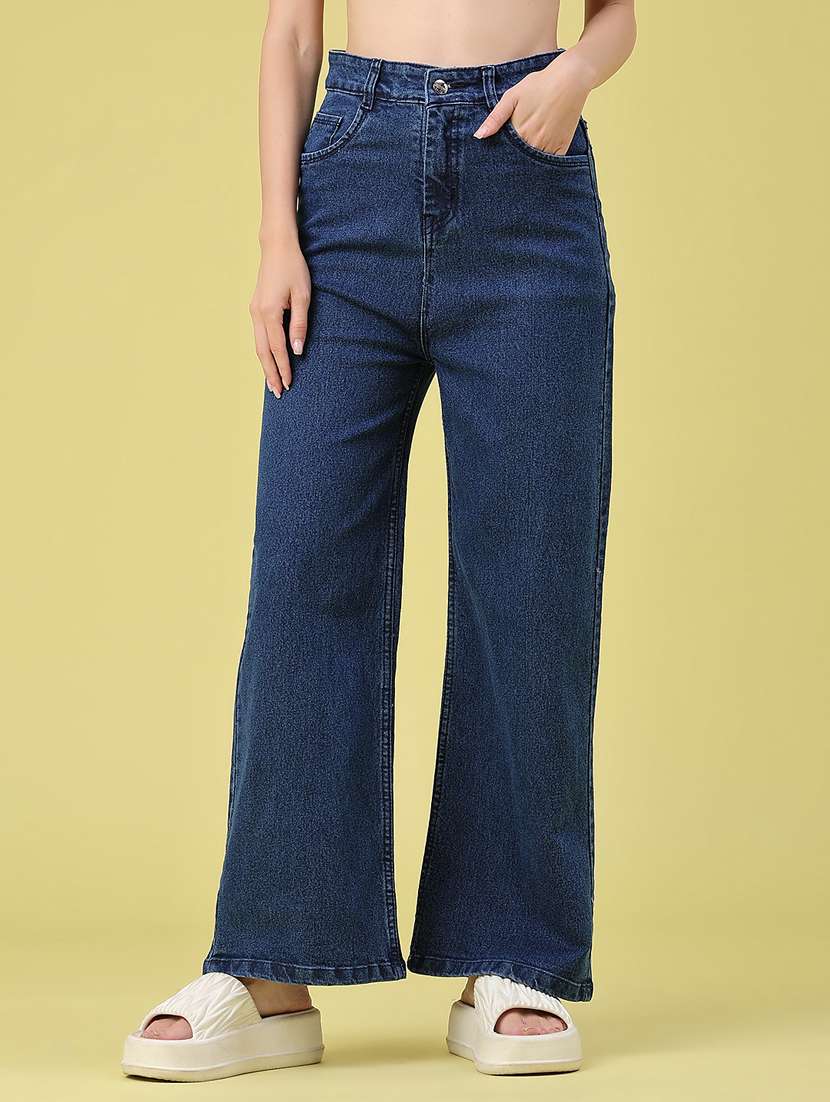 women solid high rise wide leg jeans