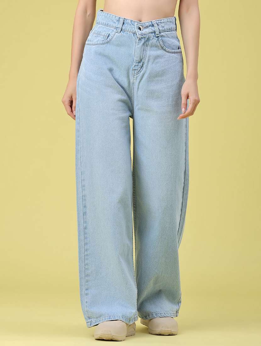 women solid high rise wide leg jeans