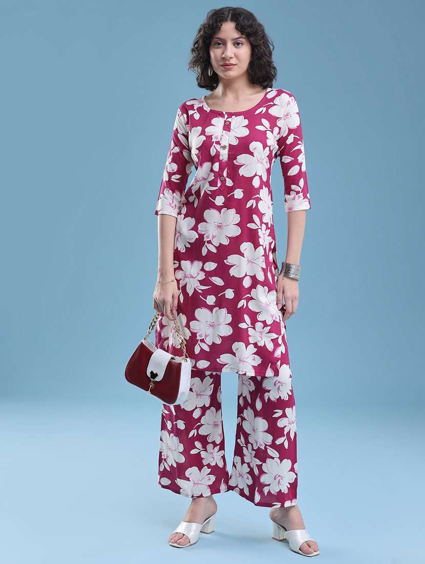 women floral three quarter sleeve ethnic co-ord set