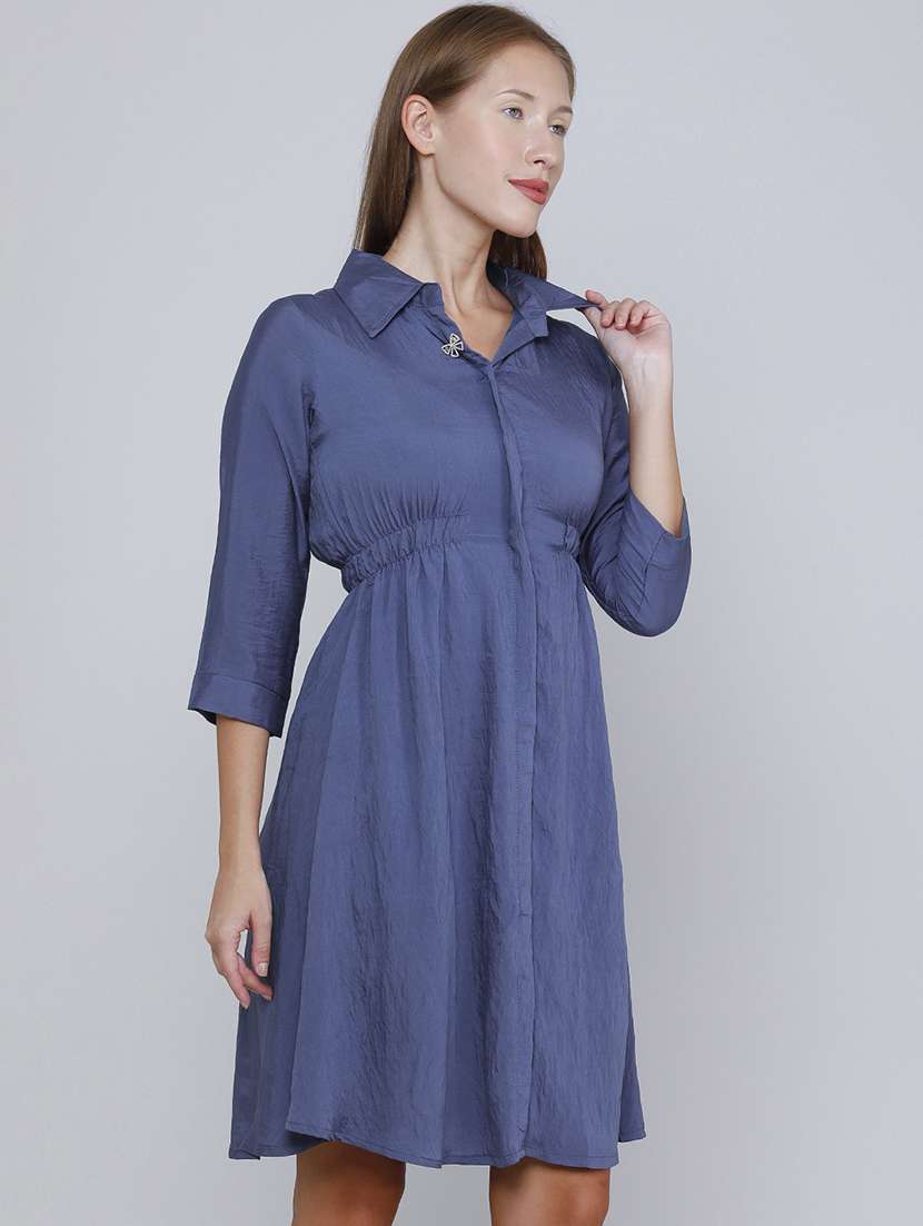 Women Solid Three Quarter Sleeves Fit And Flare Dress - 22460437 -  Standard Image - 3