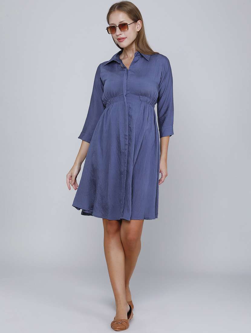 Women Solid Three Quarter Sleeves Fit And Flare Dress - 22460437 -  Standard Image - 5