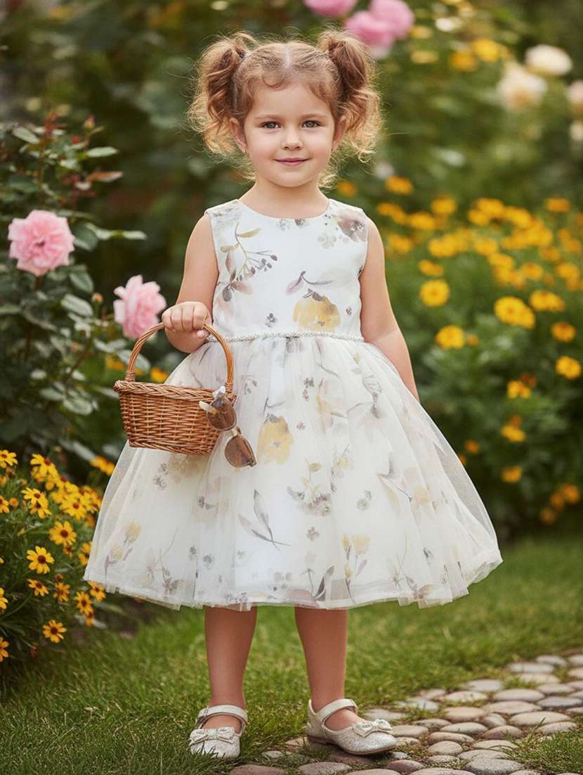 girls printed sleeveless fit and flare frock