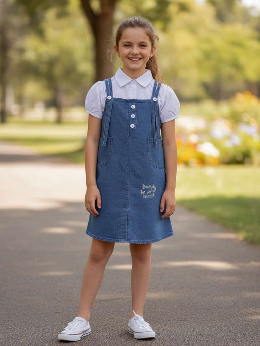 girls solid puff sleeves dungaree dress