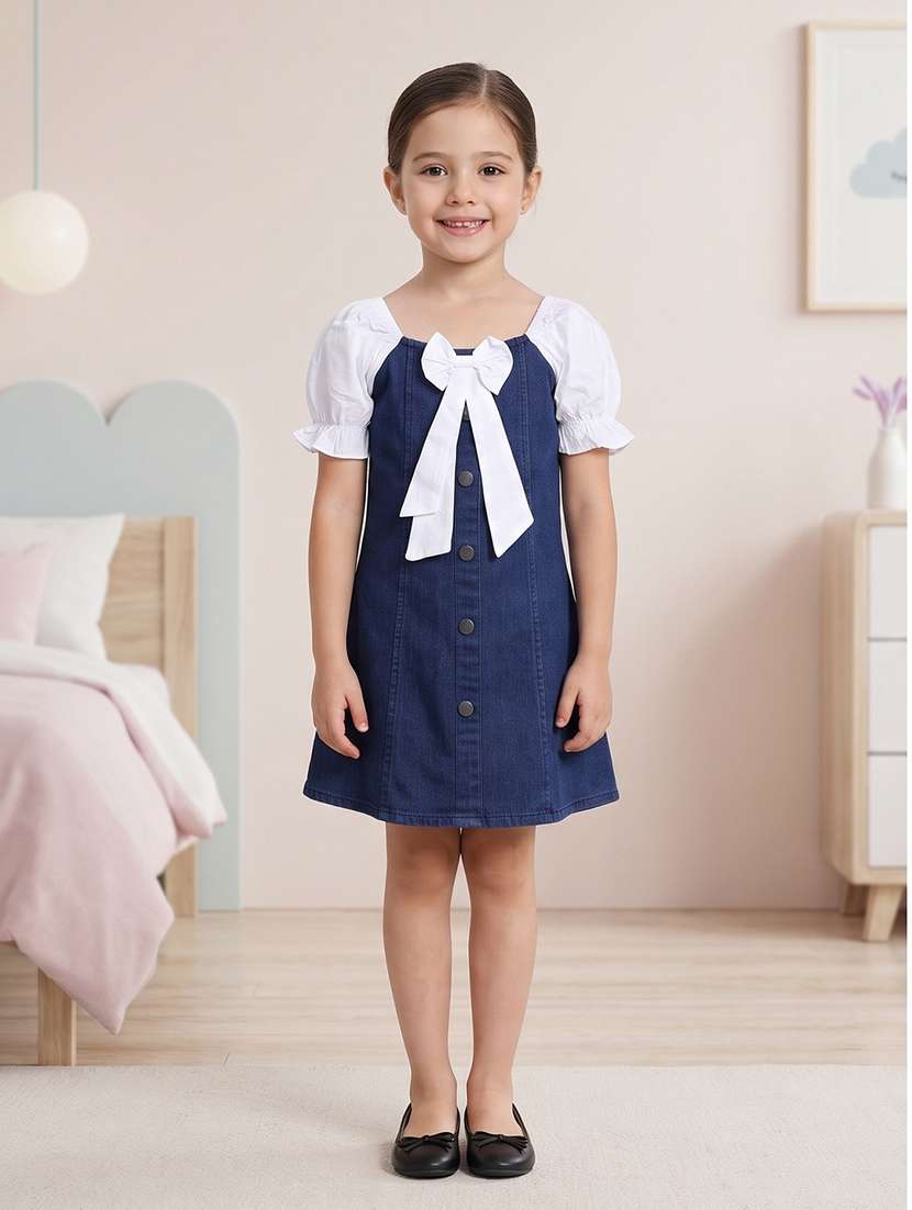 girls colourblocked puff sleeves a-line dress