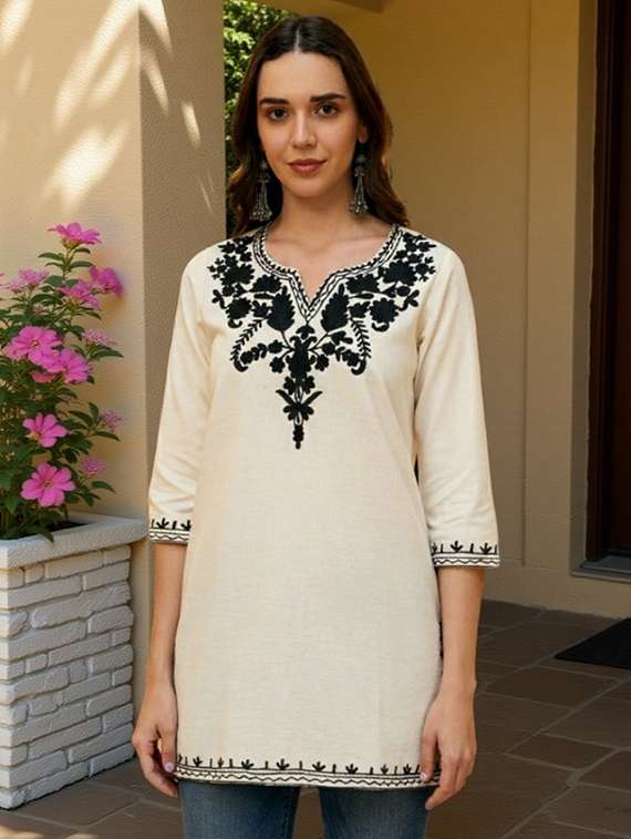 women embroidered three quarter sleeve straight kurti - 22460504 -  Standard Image - 3