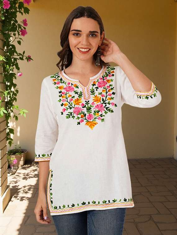 women embroidered three quarter sleeve straight kurti