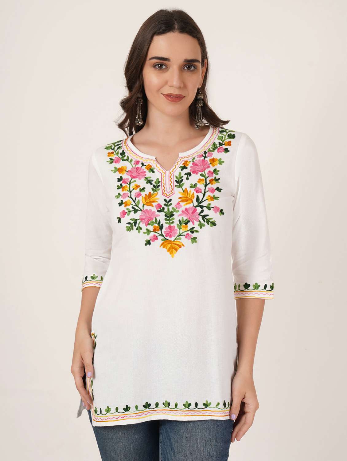women embroidered three quarter sleeve straight kurti - 22460506 -  Standard Image - 3