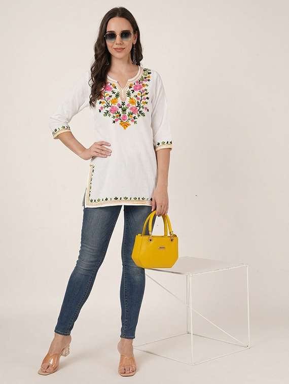 women embroidered three quarter sleeve straight kurti - 22460506 -  Standard Image - 5