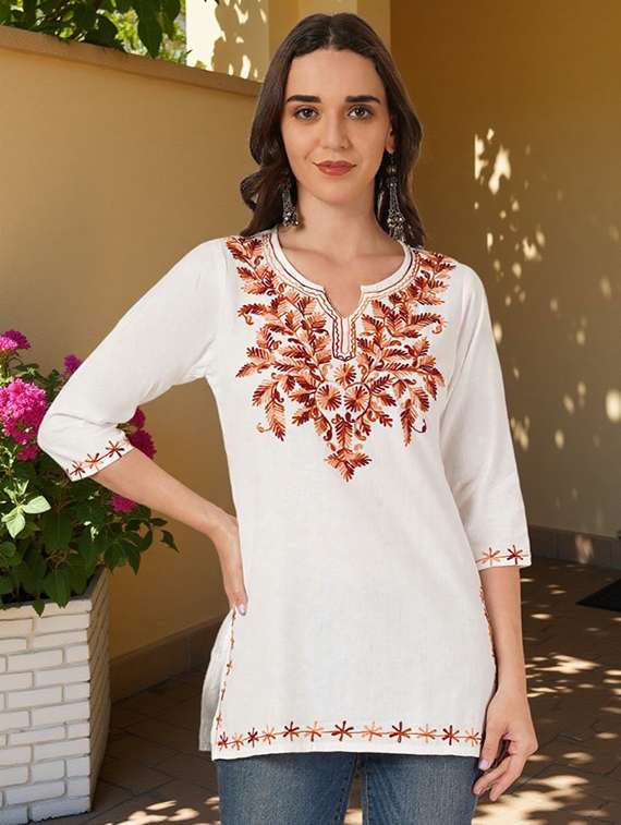 women embroidered three quarter sleeve straight kurti
