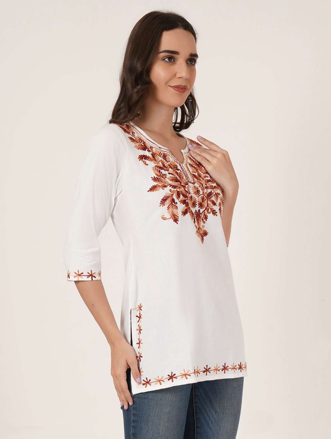 women embroidered three quarter sleeve straight kurti - 22460507 -  Standard Image - 3