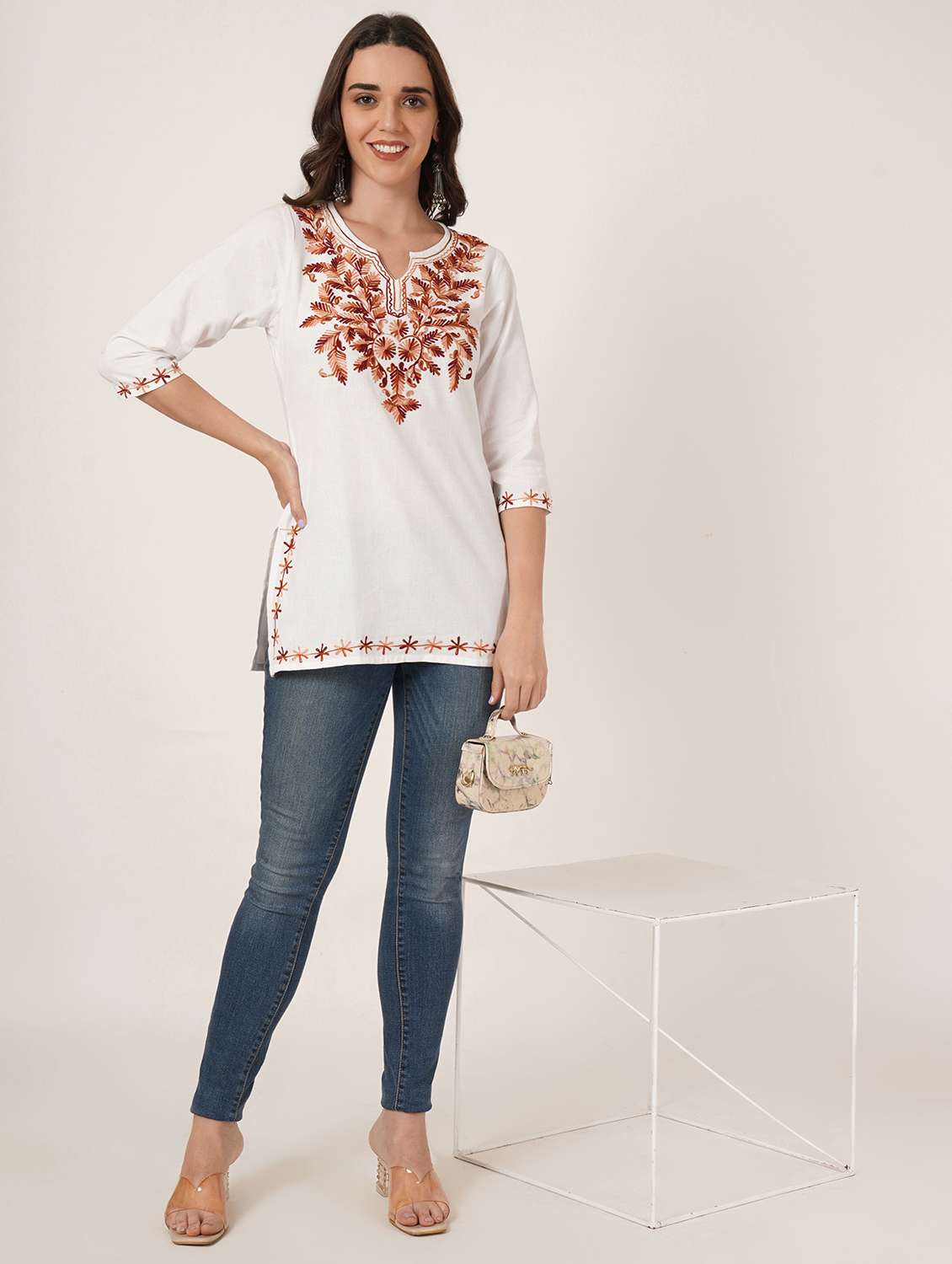 women embroidered three quarter sleeve straight kurti - 22460507 -  Standard Image - 5
