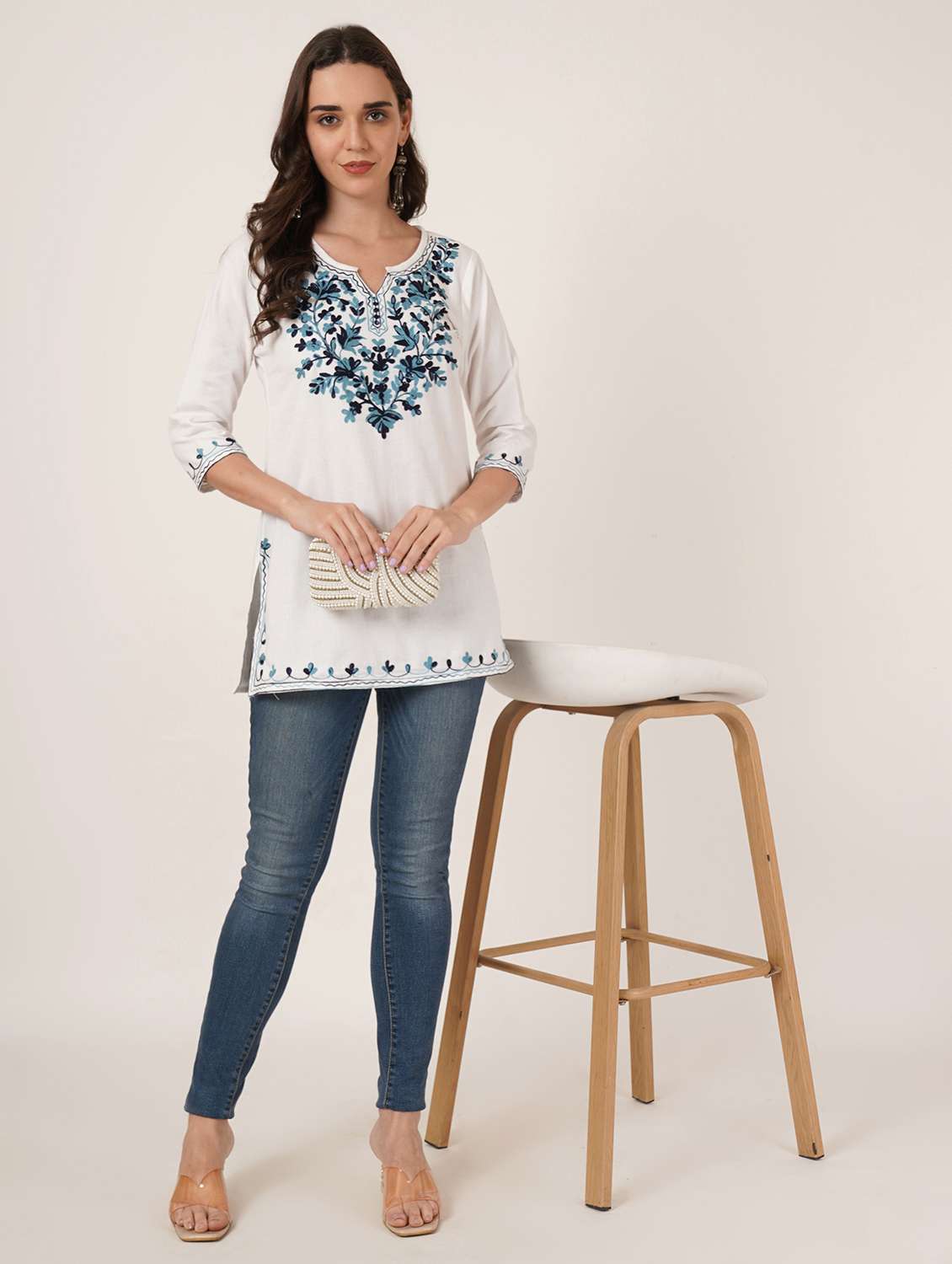 women embroidered three quarter sleeve straight kurti - 22460508 -  Standard Image - 3