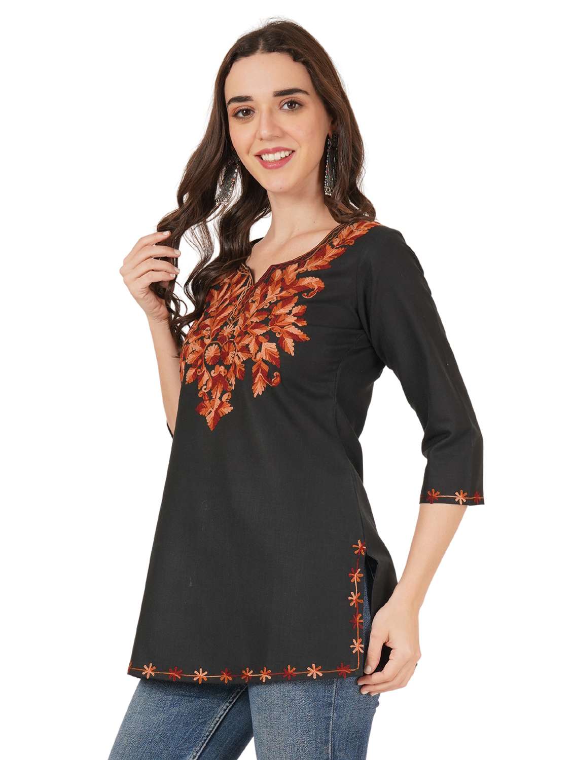 women embroidered three quarter sleeve straight kurti - 22460509 -  Standard Image - 3
