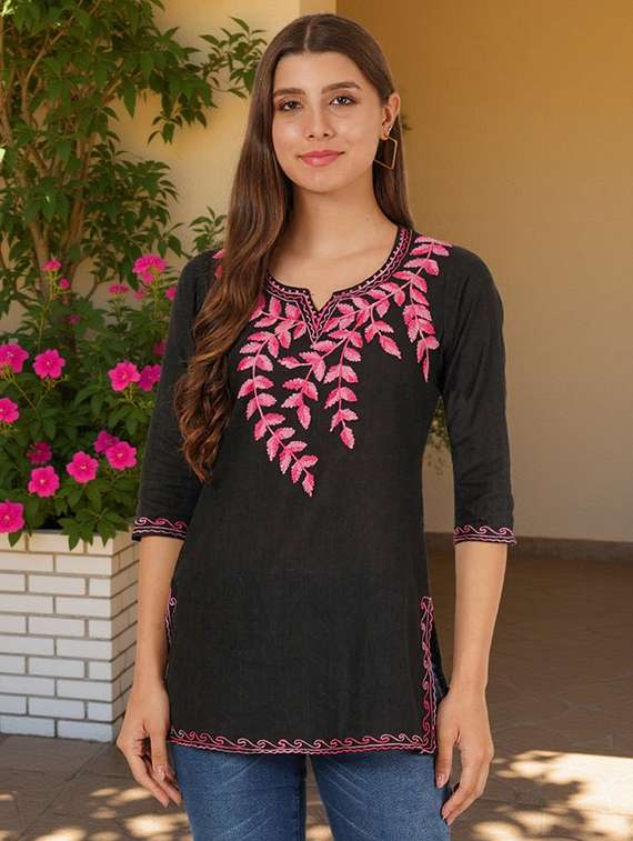women embroidered three quarter sleeve straight kurti