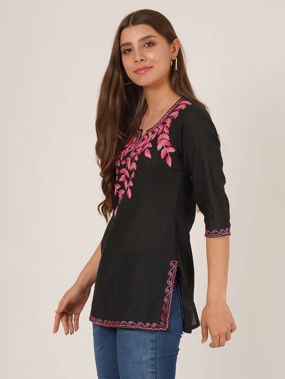 women embroidered three quarter sleeve straight kurti - 22460510 -  Standard Image - 3