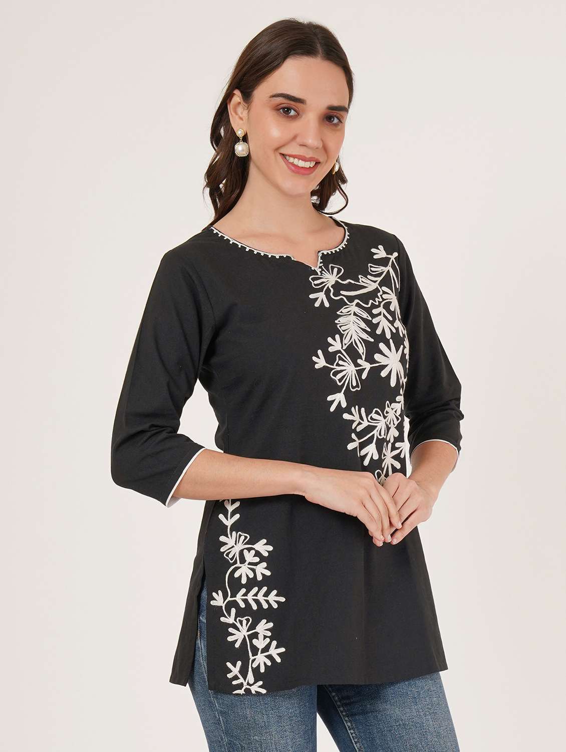 women embroidered three quarter sleeve straight kurti - 22460511 -  Standard Image - 3