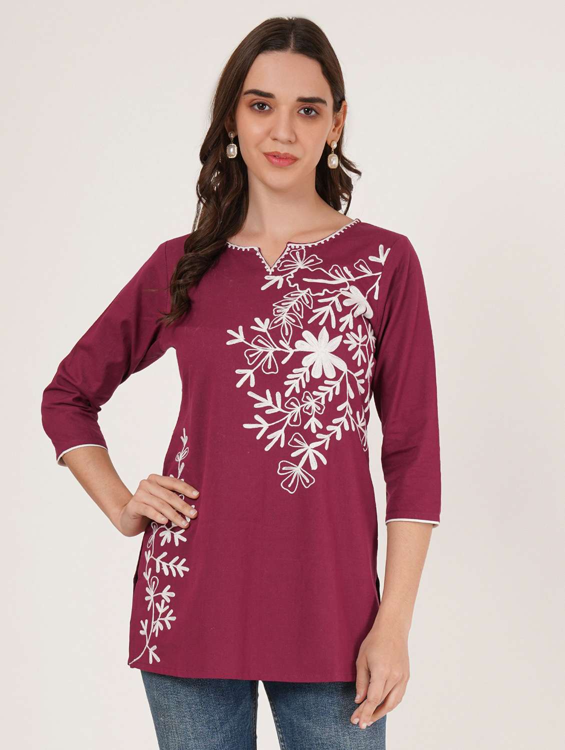 women embroidered three quarter sleeve straight kurti