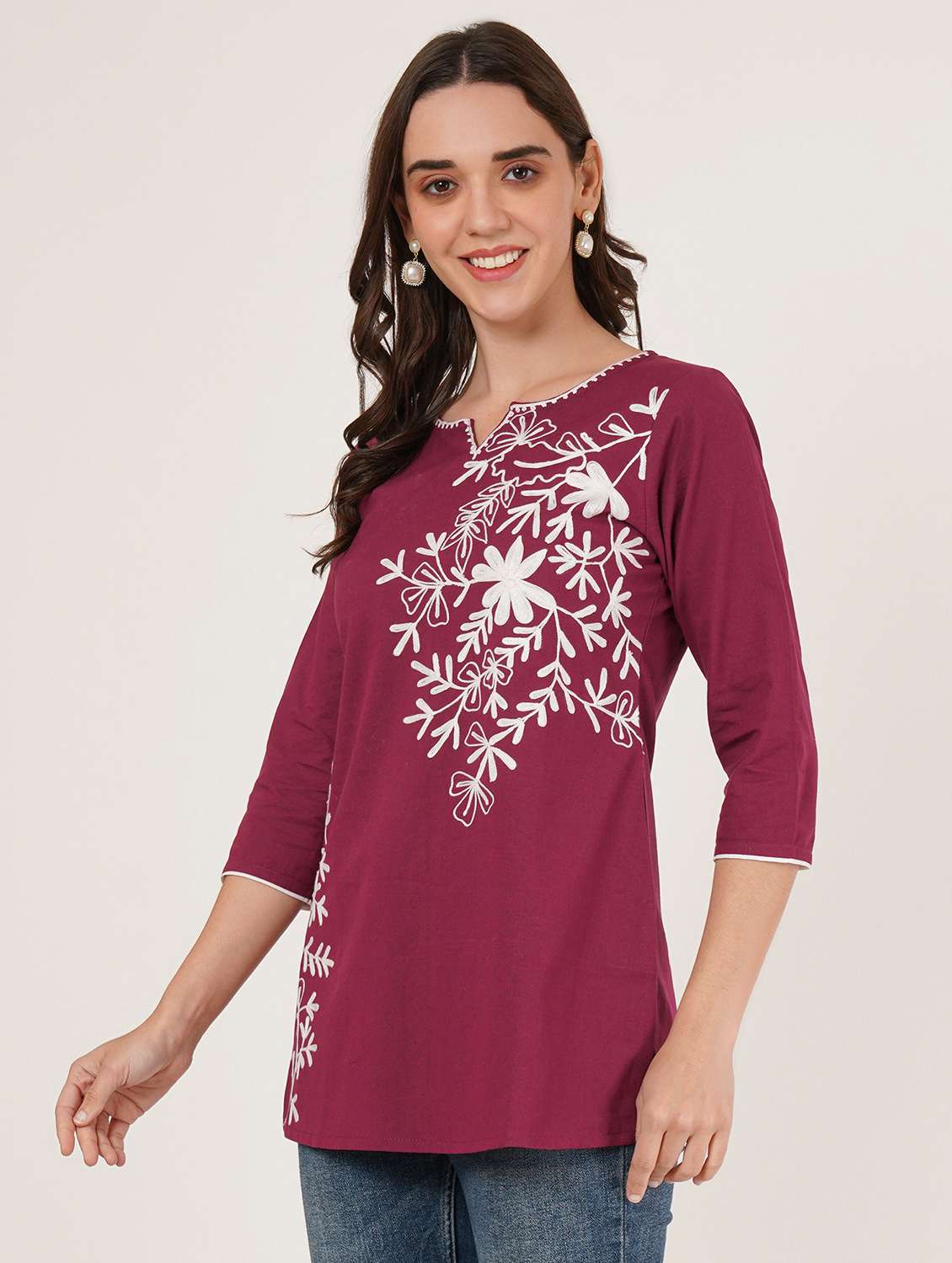women embroidered three quarter sleeve straight kurti - 22460512 -  Standard Image - 3