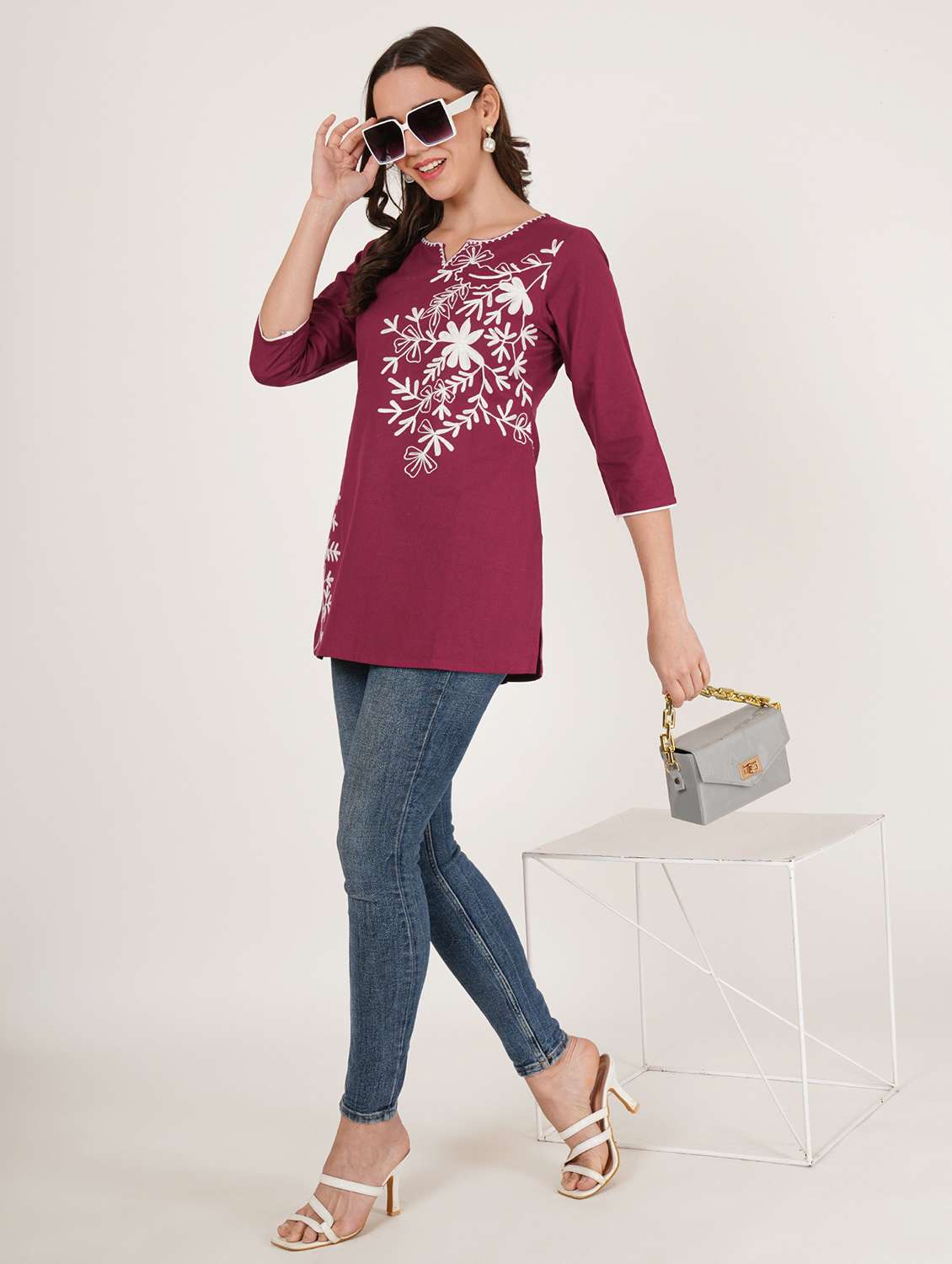women embroidered three quarter sleeve straight kurti - 22460512 -  Standard Image - 5
