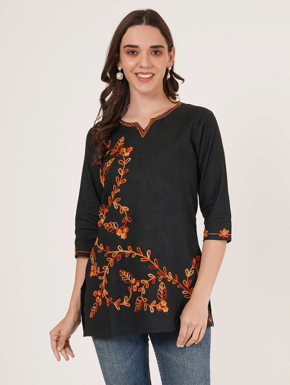 women embroidered three quarter sleeve straight kurti - 22460513 -  Standard Image - 3