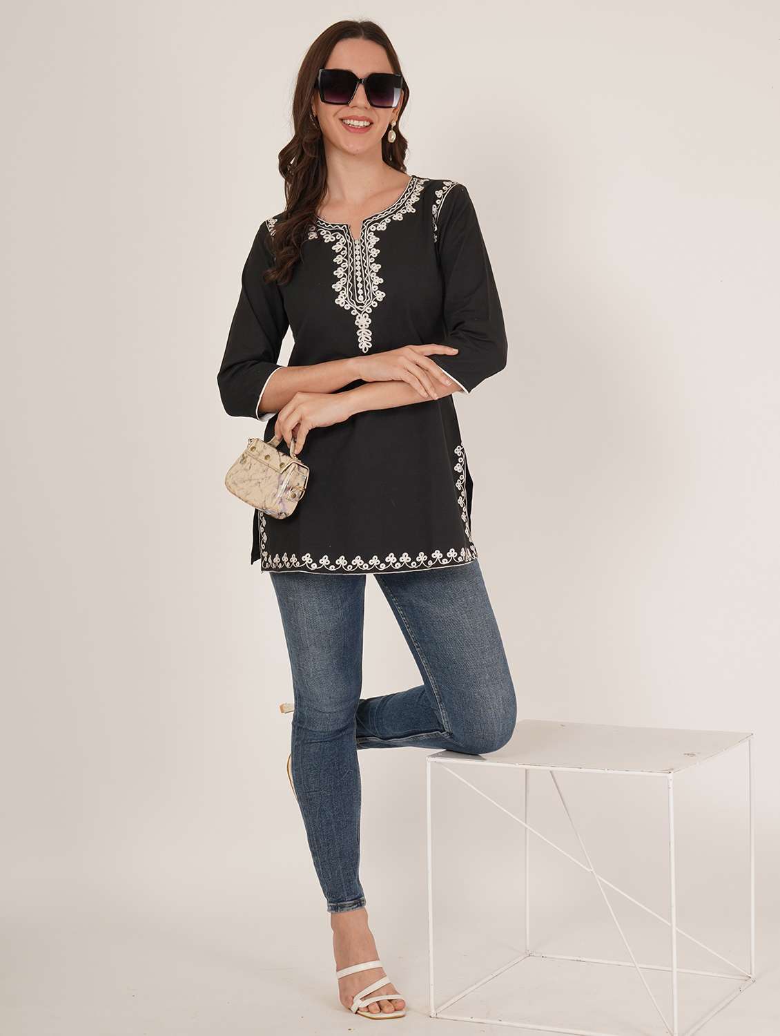 women embroidered three quarter sleeve straight kurti - 22460514 -  Standard Image - 3