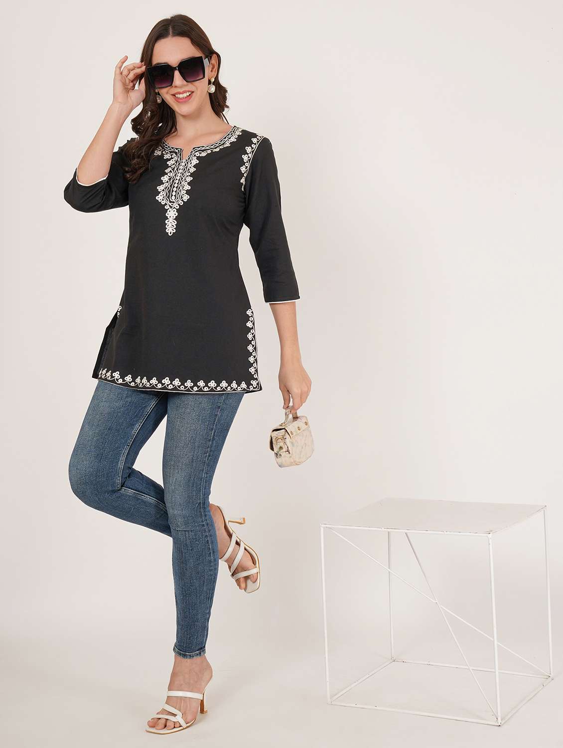 women embroidered three quarter sleeve straight kurti - 22460514 -  Standard Image - 5